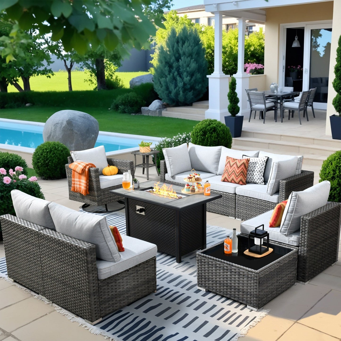 HOOOWOOO Set di 10 divani componibili in vimini per esterni, sedia a dondolo girevole con tavolo con braciere