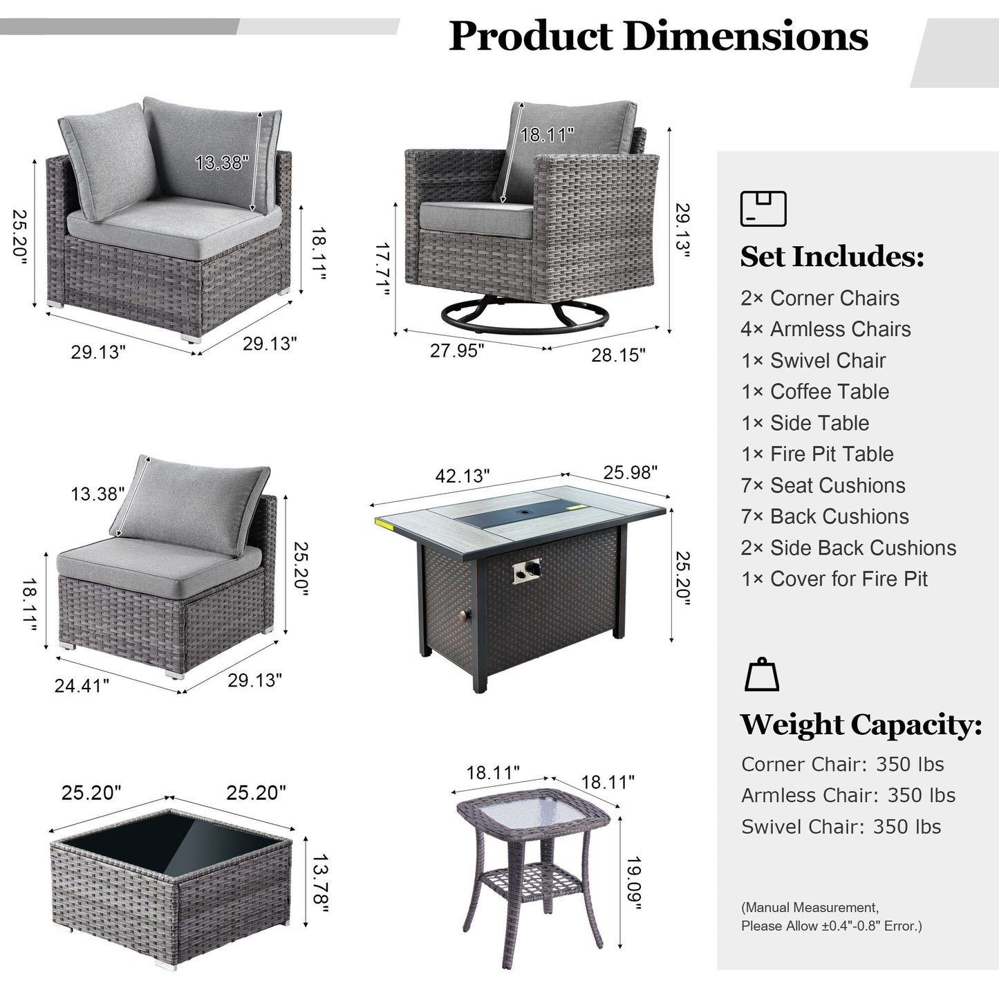 HOOOWOOO Set di 10 divani componibili in vimini per esterni, sedia a dondolo girevole con tavolo con braciere