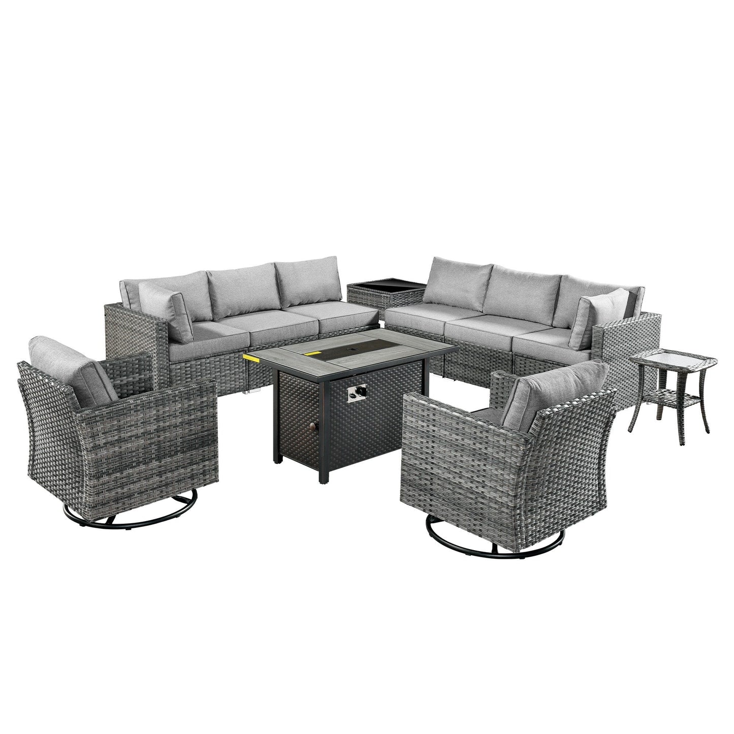 HOOOWOOO Set di mobili da esterno in rattan e vimini da 11 pezzi, sedie girevoli con braciere