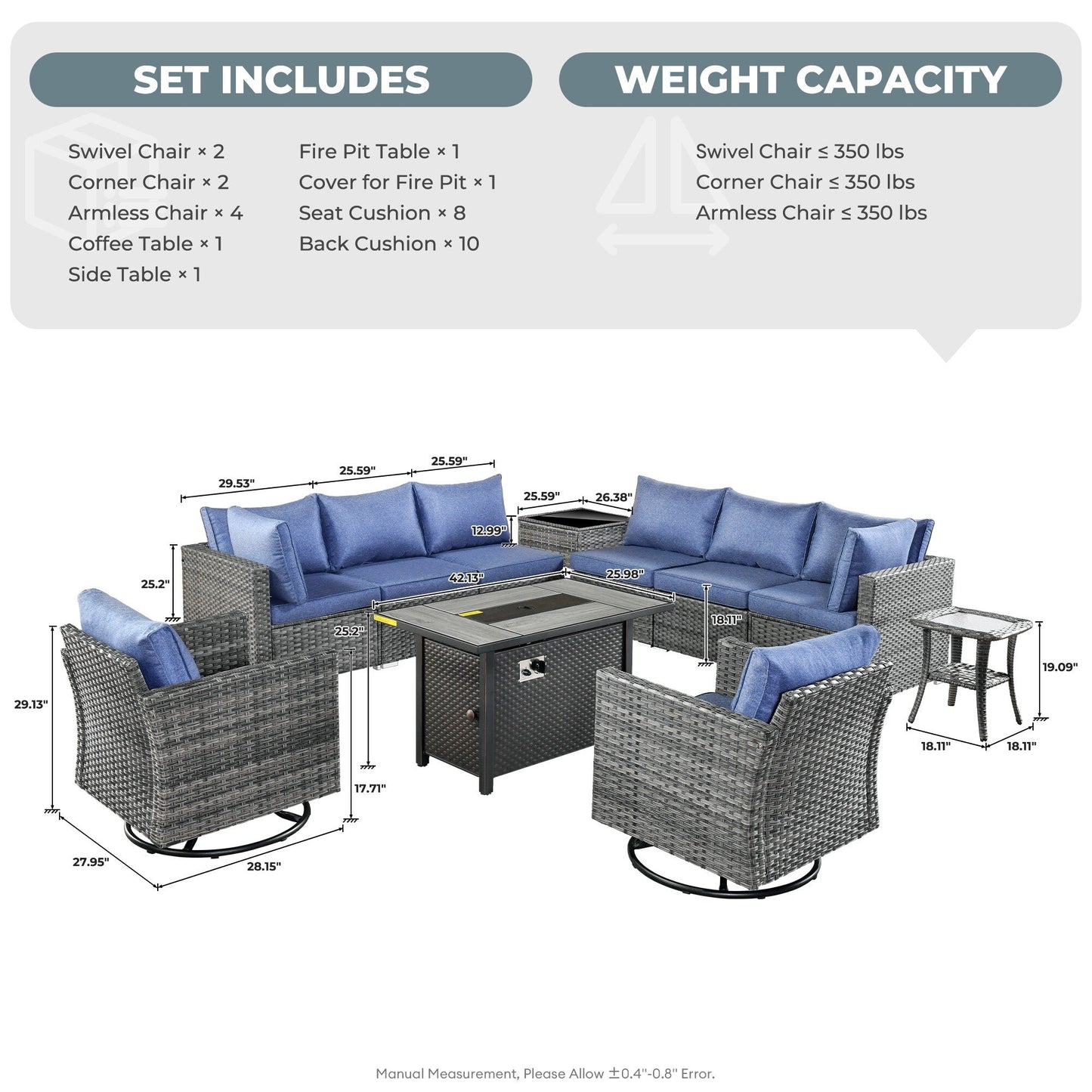 HOOOWOOO Set di mobili da esterno in rattan e vimini da 11 pezzi, sedie girevoli con braciere