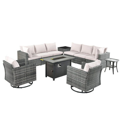 HOOOWOOO Set di mobili da esterno in rattan e vimini da 11 pezzi, sedie girevoli con braciere