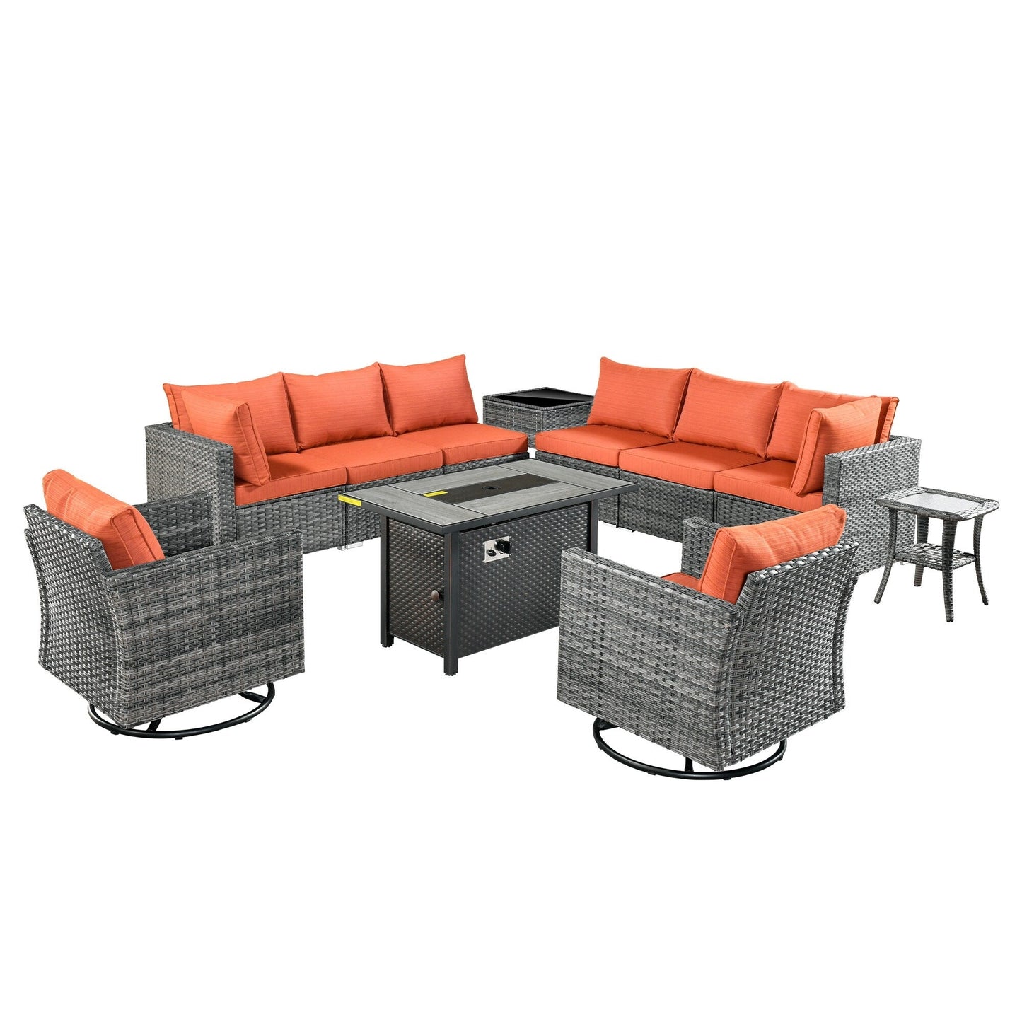 HOOOWOOO Set di mobili da esterno in rattan e vimini da 11 pezzi, sedie girevoli con braciere