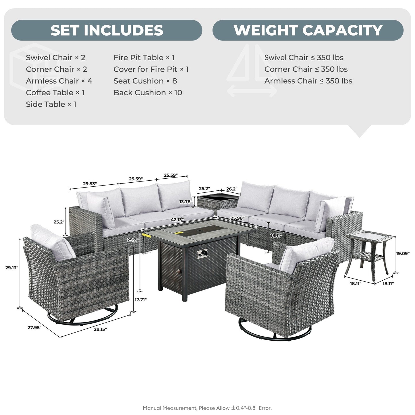 HOOOWOOO Set di mobili da esterno in rattan e vimini da 11 pezzi, sedie girevoli con braciere
