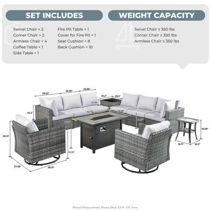 HOOOWOOO Set di mobili da esterno in rattan e vimini da 11 pezzi, sedie girevoli con braciere