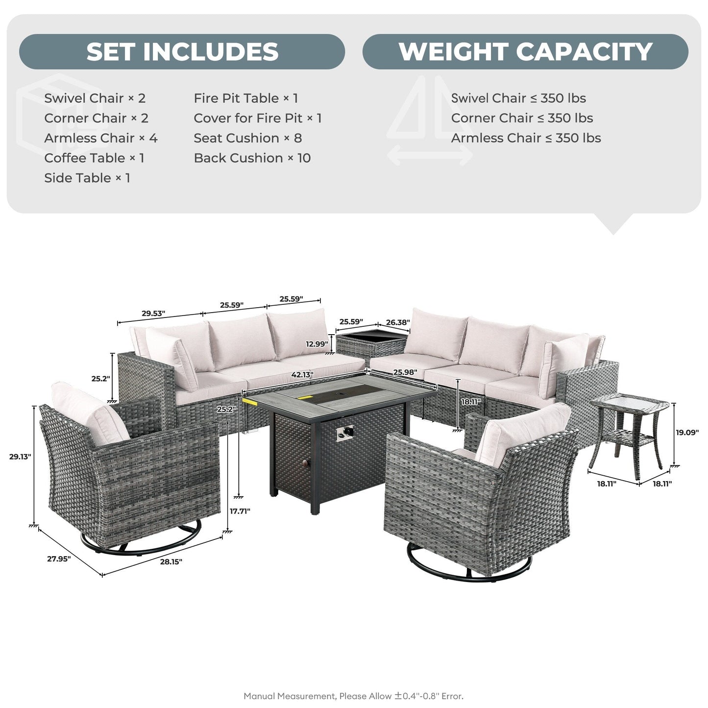 HOOOWOOO Set di mobili da esterno in rattan e vimini da 11 pezzi, sedie girevoli con braciere