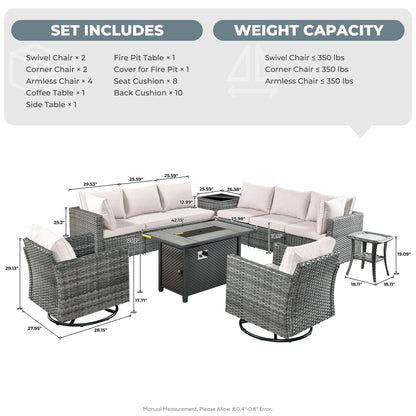 HOOOWOOO Set di mobili da esterno in rattan e vimini da 11 pezzi, sedie girevoli con braciere