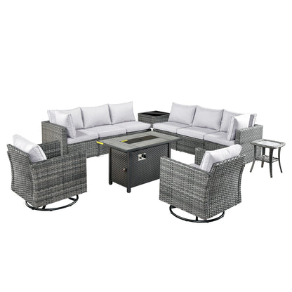 HOOOWOOO Set di mobili da esterno in rattan e vimini da 11 pezzi, sedie girevoli con braciere