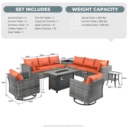 HOOOWOOO Set di mobili da esterno in rattan e vimini da 11 pezzi, sedie girevoli con braciere