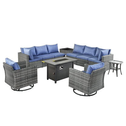 HOOOWOOO Set di mobili da esterno in rattan e vimini da 11 pezzi, sedie girevoli con braciere