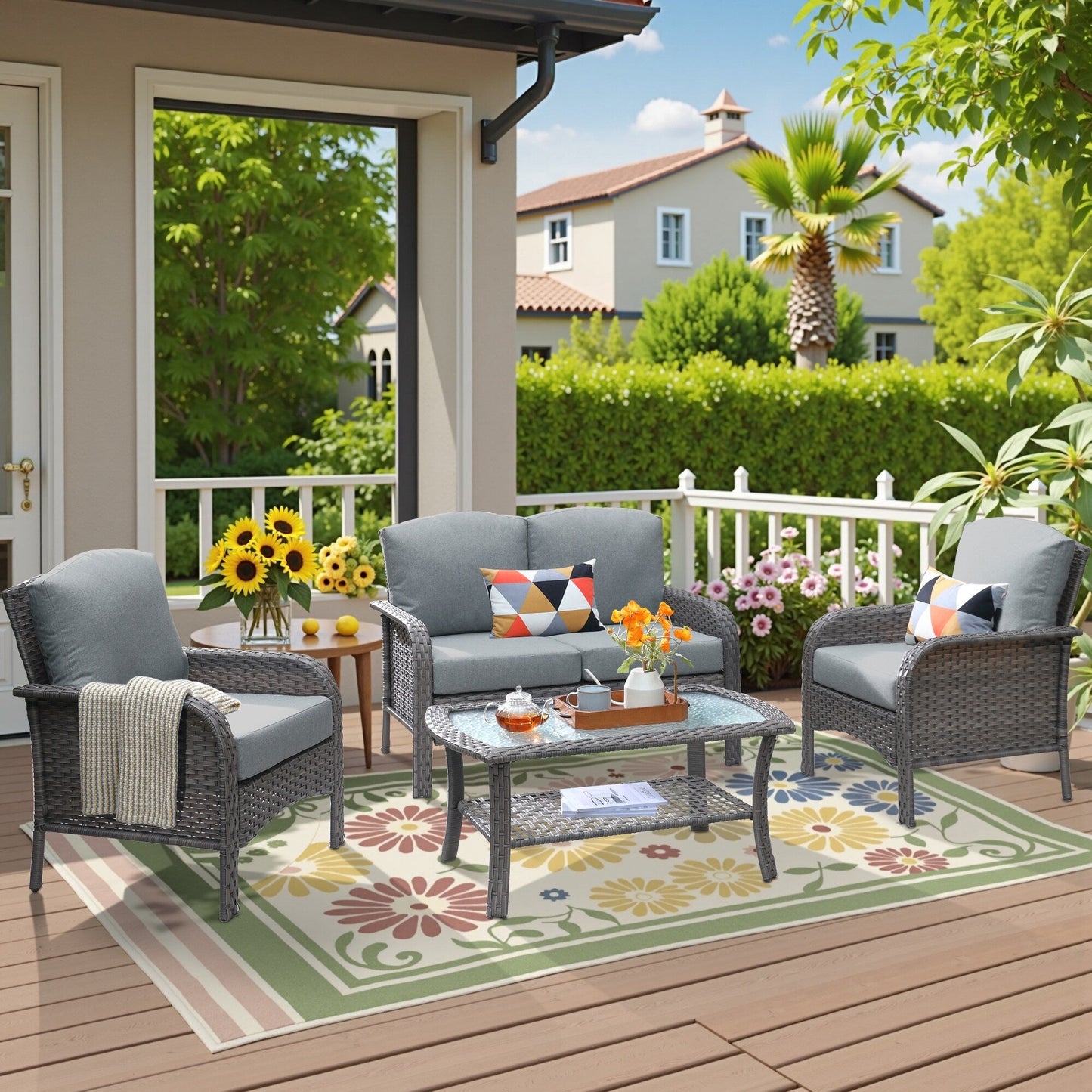 Set di divani da conversazione per esterni in vimini HOOOWOOO da 4 pezzi con tavolino in vetro