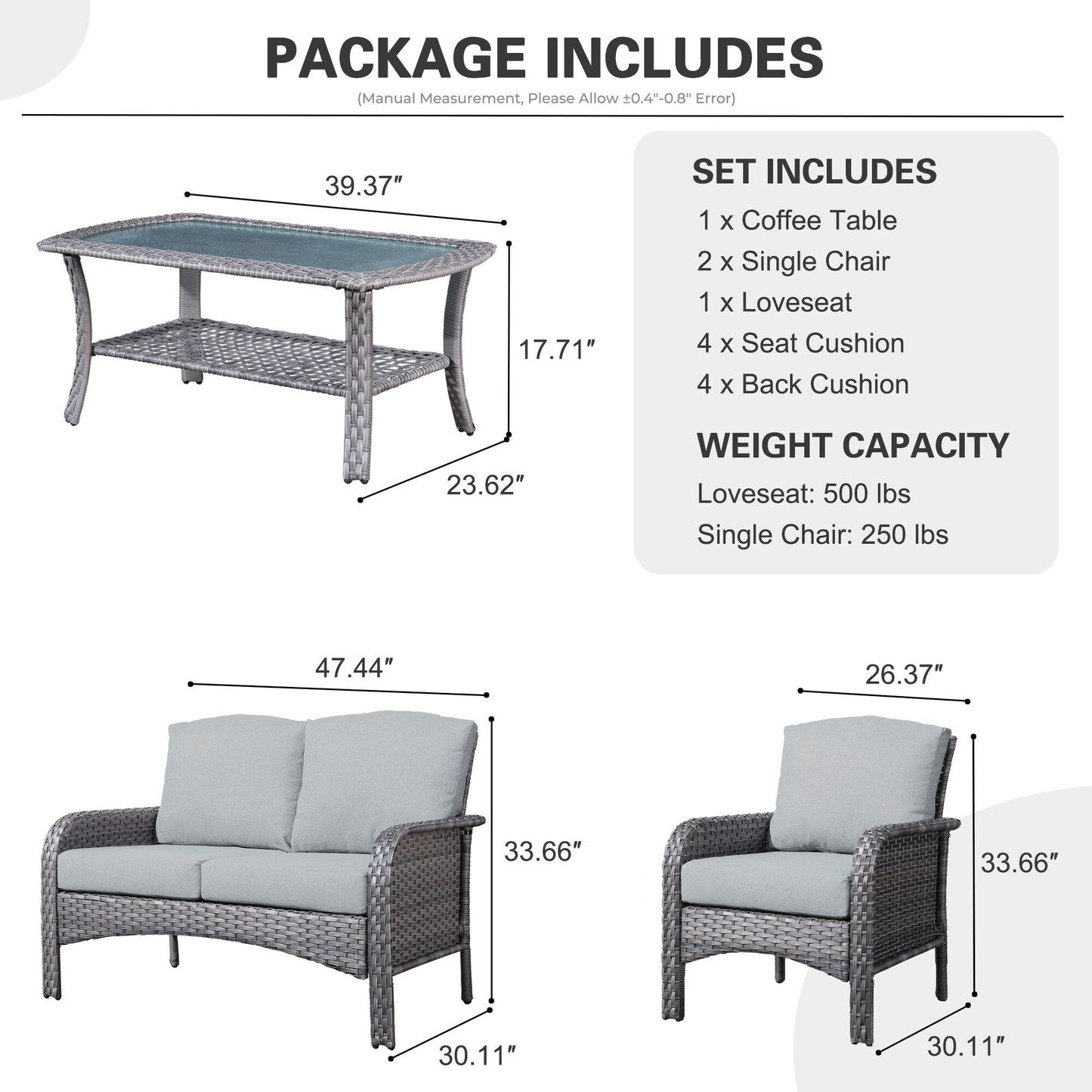 Set di divani da conversazione per esterni in vimini HOOOWOOO da 4 pezzi con tavolino in vetro