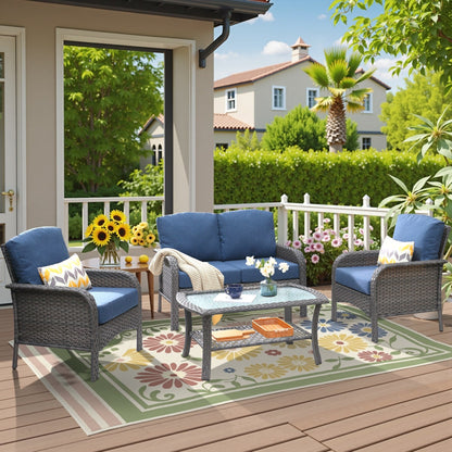 Set di divani da conversazione per esterni in vimini HOOOWOOO da 4 pezzi con tavolino in vetro