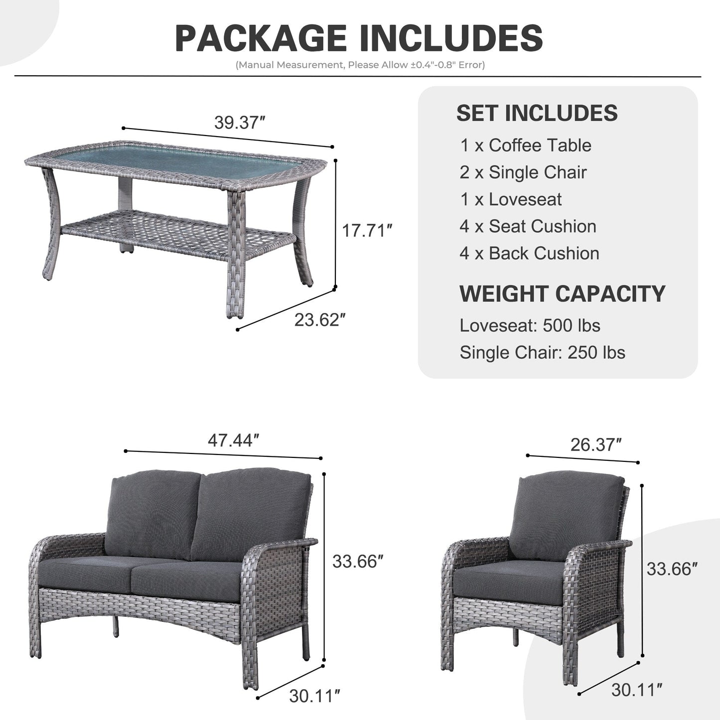 Set di divani da conversazione per esterni in vimini HOOOWOOO da 4 pezzi con tavolino in vetro