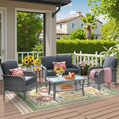 Set di divani da conversazione per esterni in vimini HOOOWOOO da 4 pezzi con tavolino in vetro