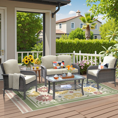 Set di divani da conversazione per esterni in vimini HOOOWOOO da 4 pezzi con tavolino in vetro