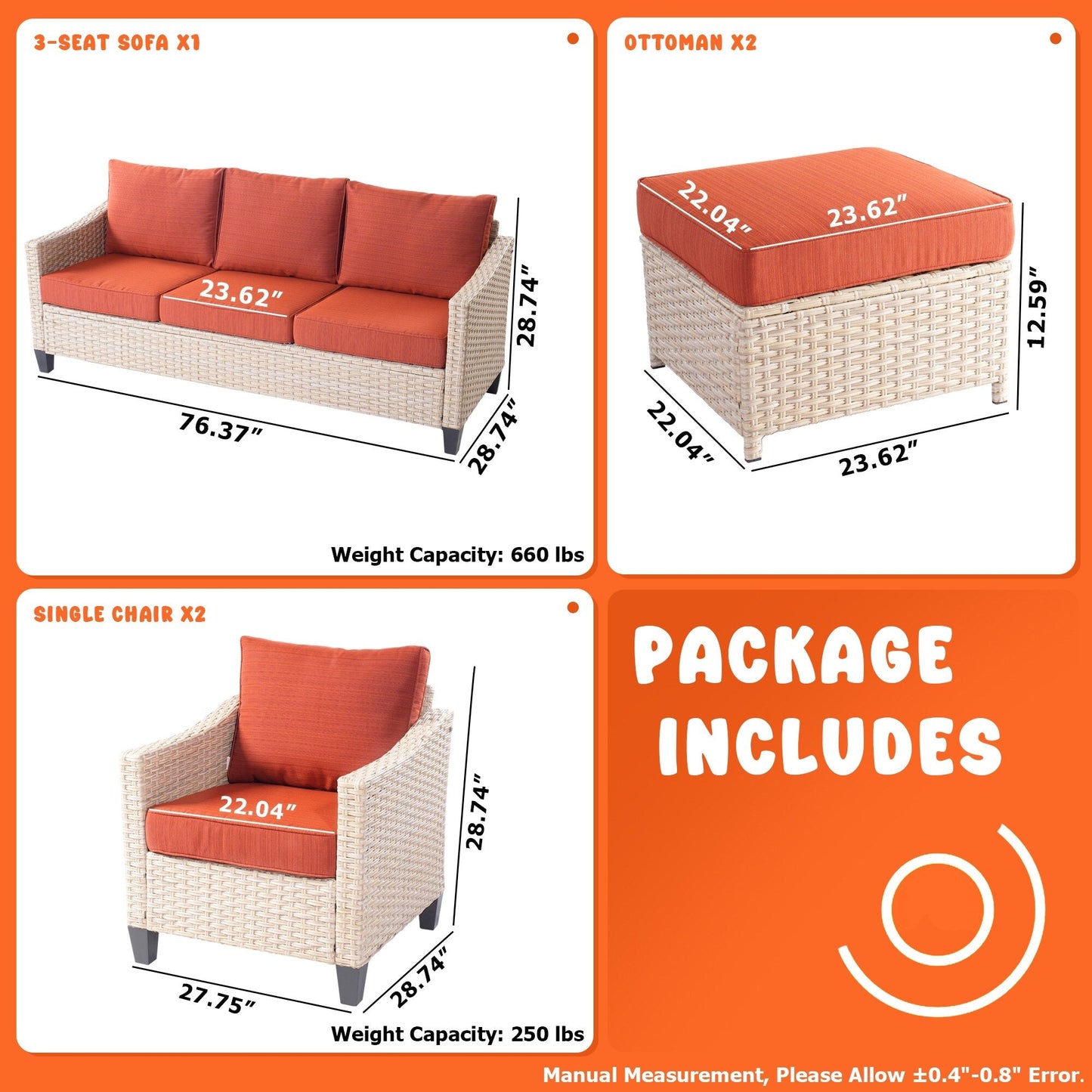 Set da conversazione imbottito per patio esterno in vimini da 5 pezzi HOOOWOOO