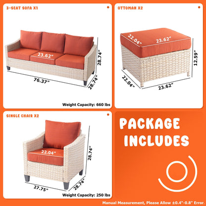 Set da conversazione imbottito per patio esterno in vimini da 5 pezzi HOOOWOOO