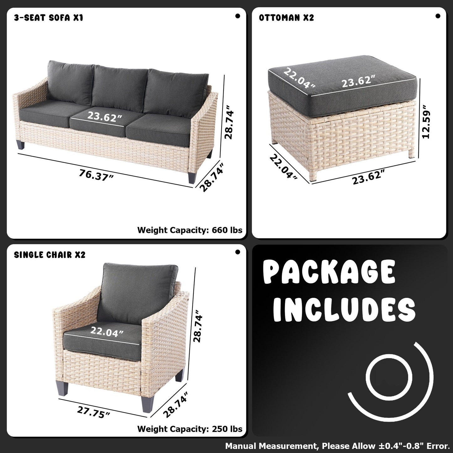 Set da conversazione imbottito per patio esterno in vimini da 5 pezzi HOOOWOOO