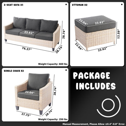 Set da conversazione imbottito per patio esterno in vimini da 5 pezzi HOOOWOOO