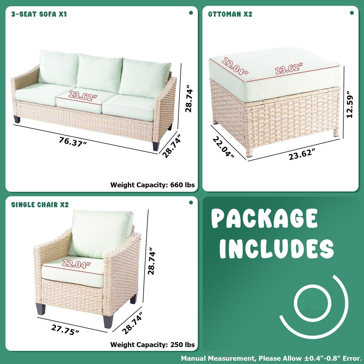 Set da conversazione imbottito per patio esterno in vimini da 5 pezzi HOOOWOOO