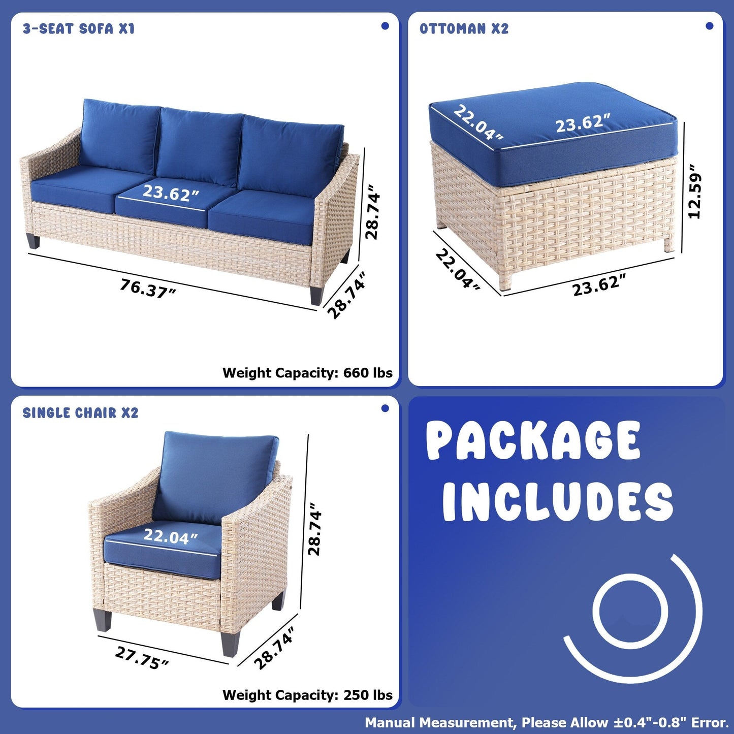 Set da conversazione imbottito per patio esterno in vimini da 5 pezzi HOOOWOOO