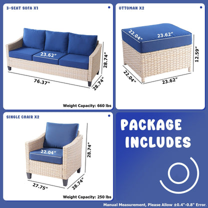 Set da conversazione imbottito per patio esterno in vimini da 5 pezzi HOOOWOOO