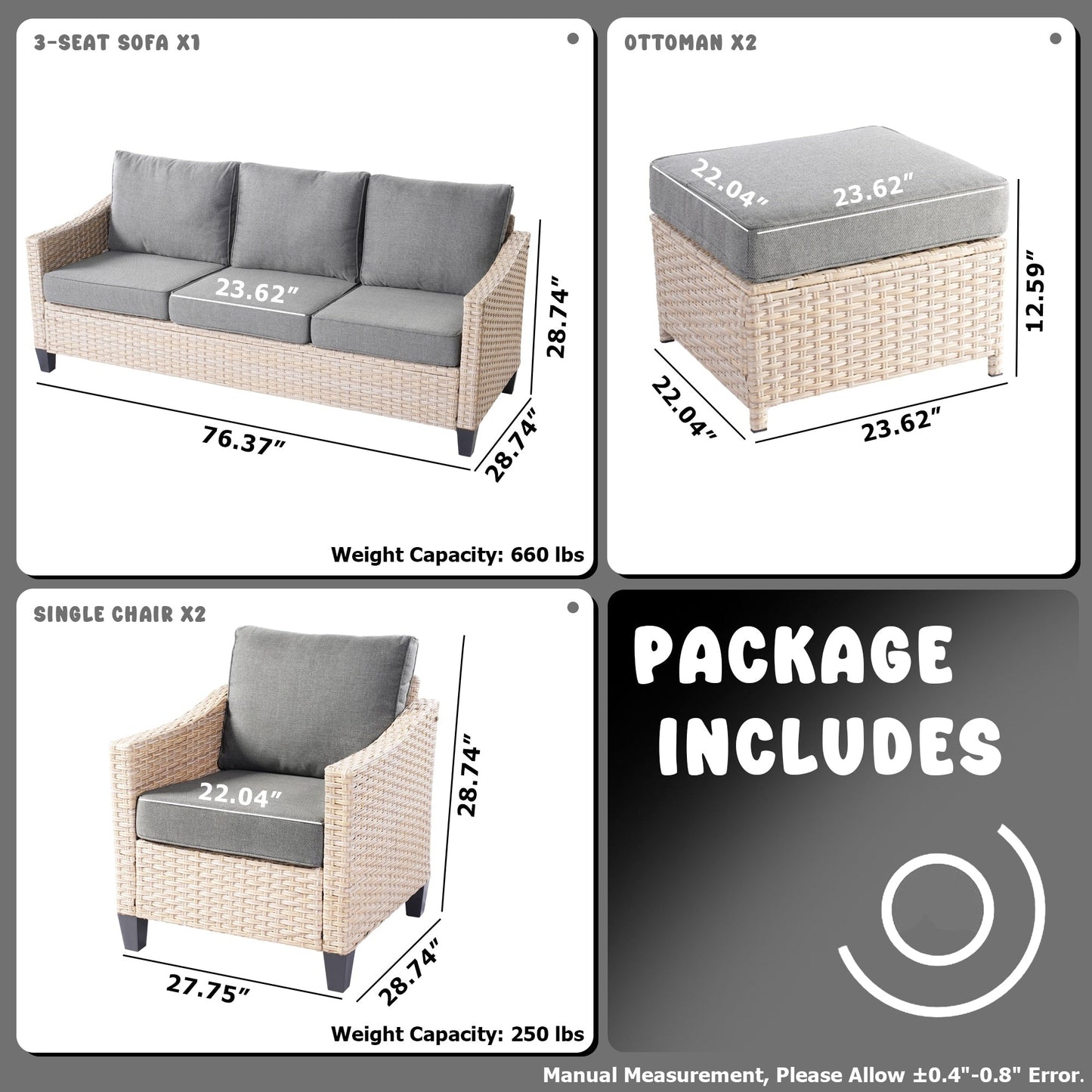 Set da conversazione imbottito per patio esterno in vimini da 5 pezzi HOOOWOOO