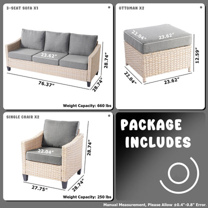 Set da conversazione imbottito per patio esterno in vimini da 5 pezzi HOOOWOOO