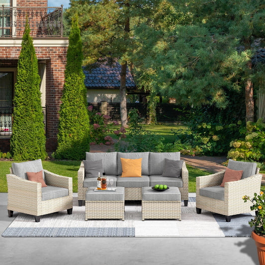 Set da conversazione imbottito per patio esterno in vimini da 5 pezzi HOOOWOOO