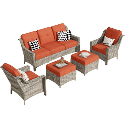 HOOOWOOO Set da conversazione per mobili da esterno in vimini con schienale alto, 5 pezzi