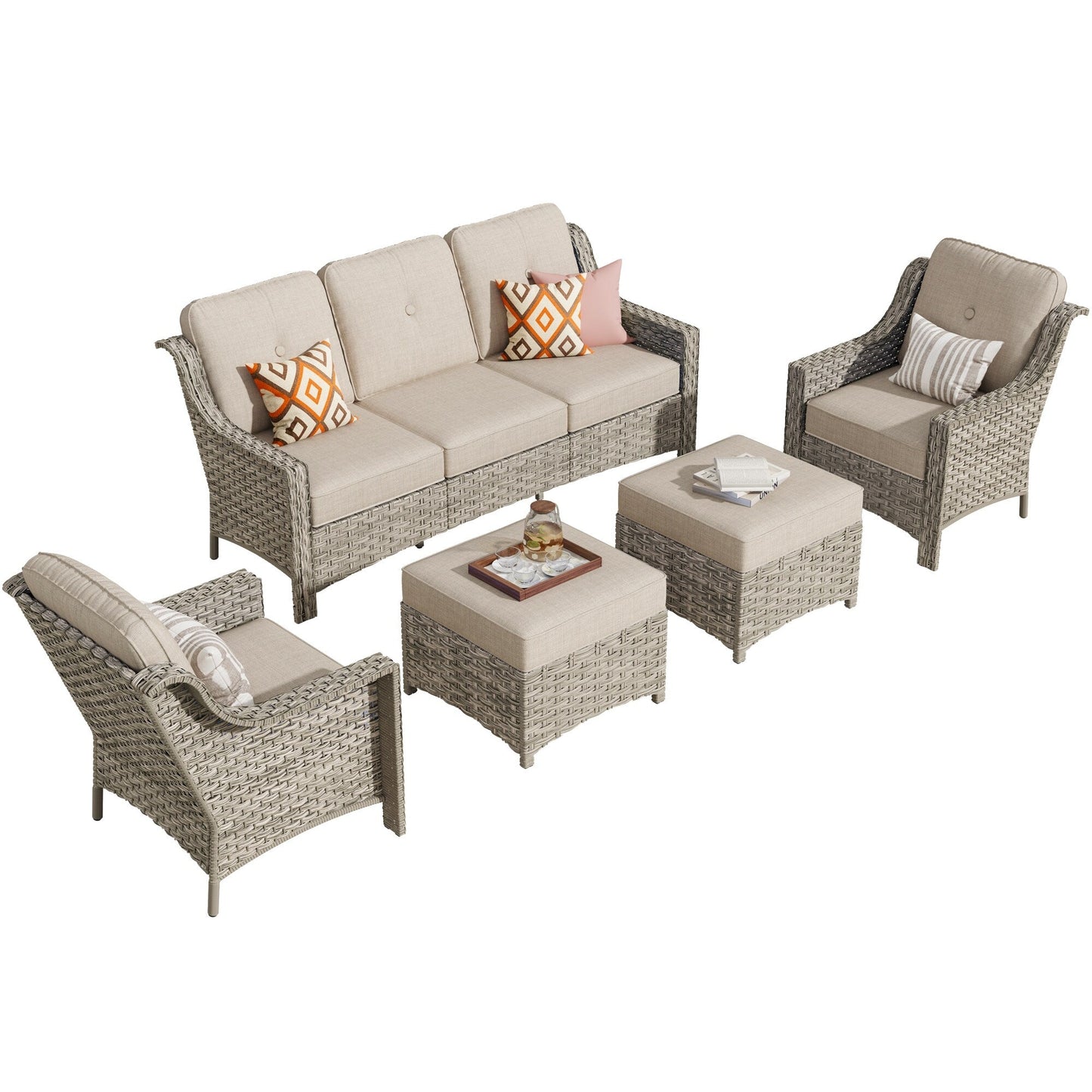 HOOOWOOO Set da conversazione per mobili da esterno in vimini con schienale alto, 5 pezzi