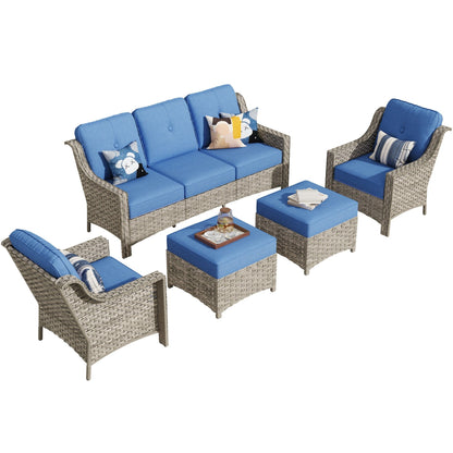 HOOOWOOO Set da conversazione per mobili da esterno in vimini con schienale alto, 5 pezzi