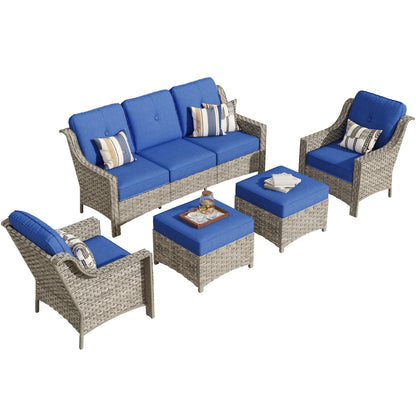 HOOOWOOO Set da conversazione per mobili da esterno in vimini con schienale alto, 5 pezzi