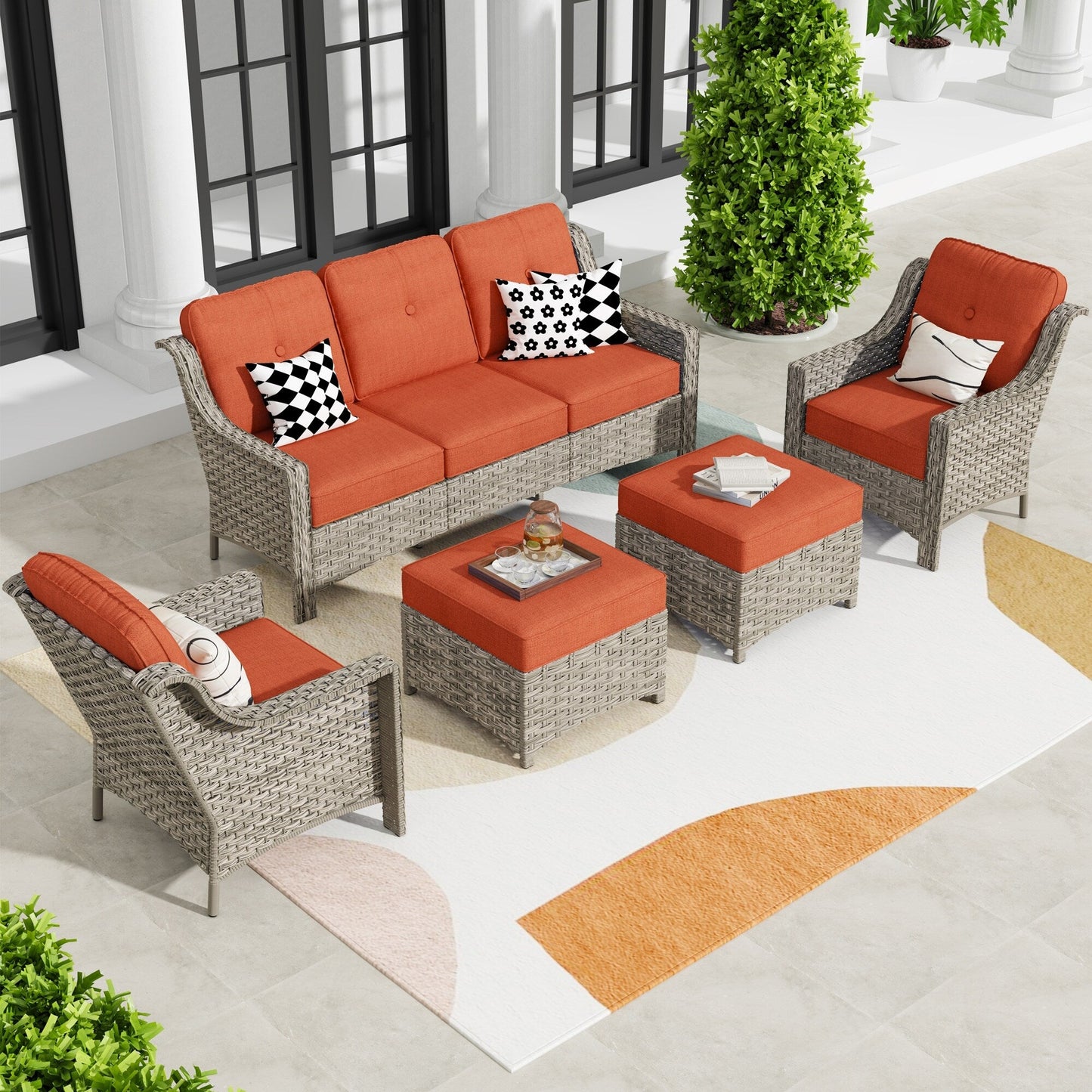 HOOOWOOO Set da conversazione per mobili da esterno in vimini con schienale alto, 5 pezzi