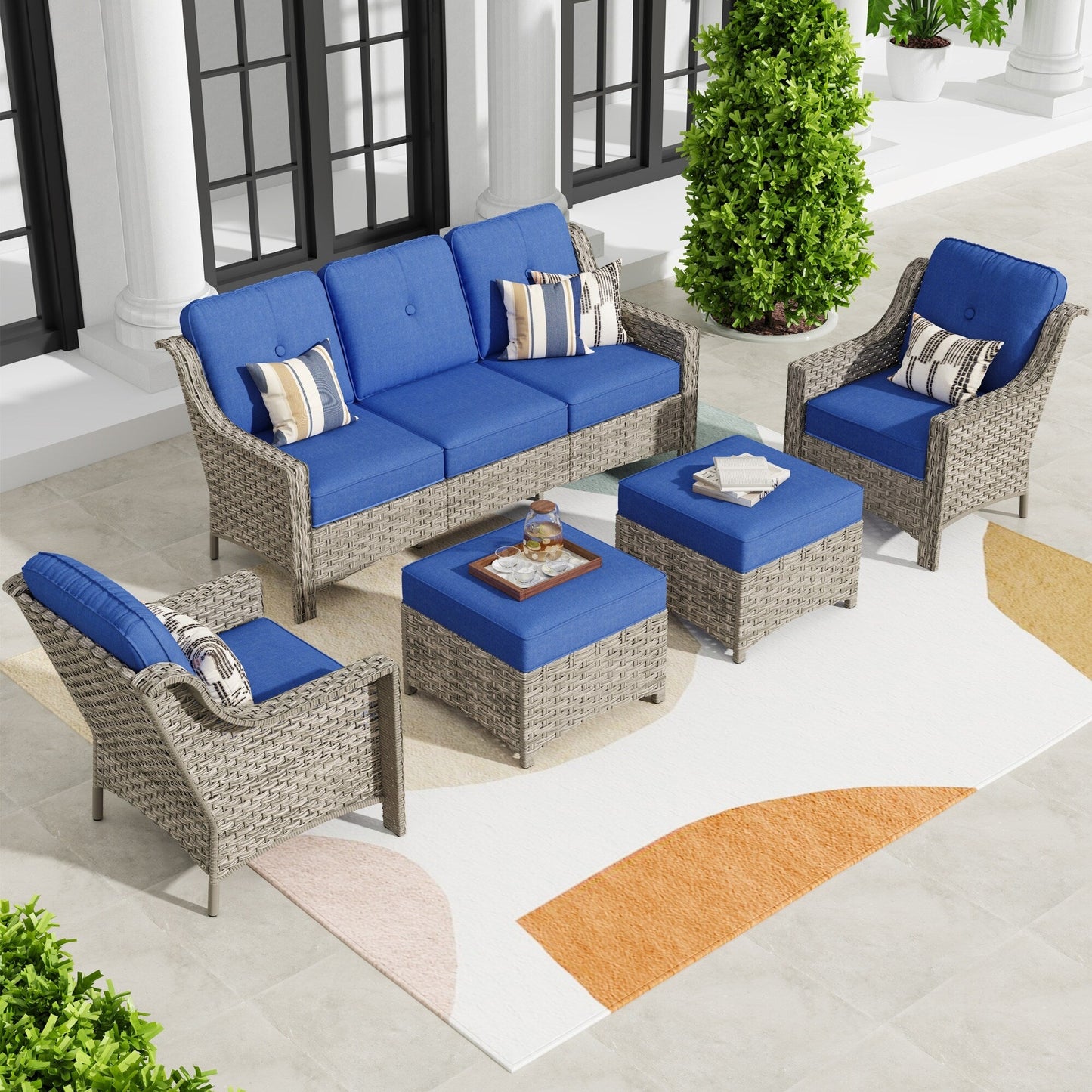 HOOOWOOO Set da conversazione per mobili da esterno in vimini con schienale alto, 5 pezzi