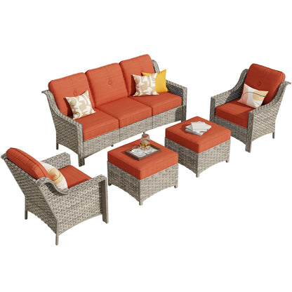 HOOOWOOO Set da conversazione per mobili da esterno in vimini con schienale alto, 5 pezzi