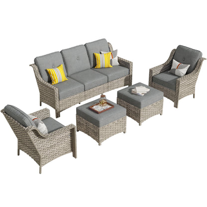 HOOOWOOO Set da conversazione per mobili da esterno in vimini con schienale alto, 5 pezzi