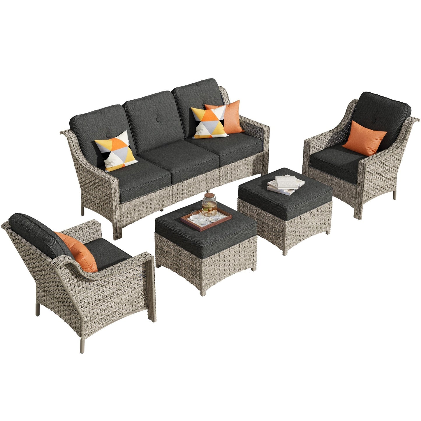 HOOOWOOO Set da conversazione per mobili da esterno in vimini con schienale alto, 5 pezzi