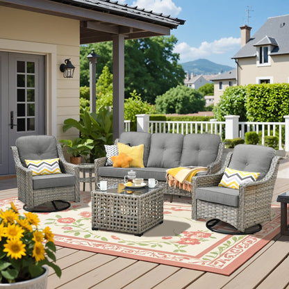 Set da conversazione per esterni HOOOWOOO in rattan e vimini, 5 pezzi, con sedia girevole e tavolino da caffè