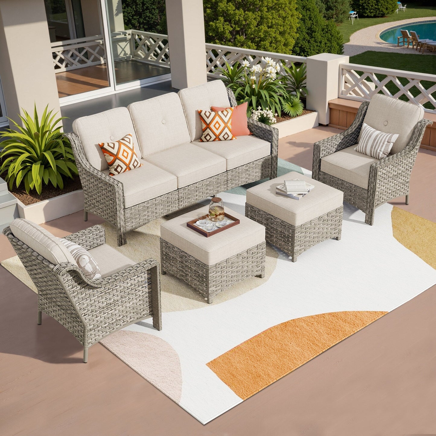 HOOOWOOO Set da conversazione per mobili da esterno in vimini con schienale alto, 5 pezzi