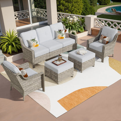 HOOOWOOO Set da conversazione per mobili da esterno in vimini con schienale alto, 5 pezzi