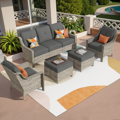 HOOOWOOO Set da conversazione per mobili da esterno in vimini con schienale alto, 5 pezzi