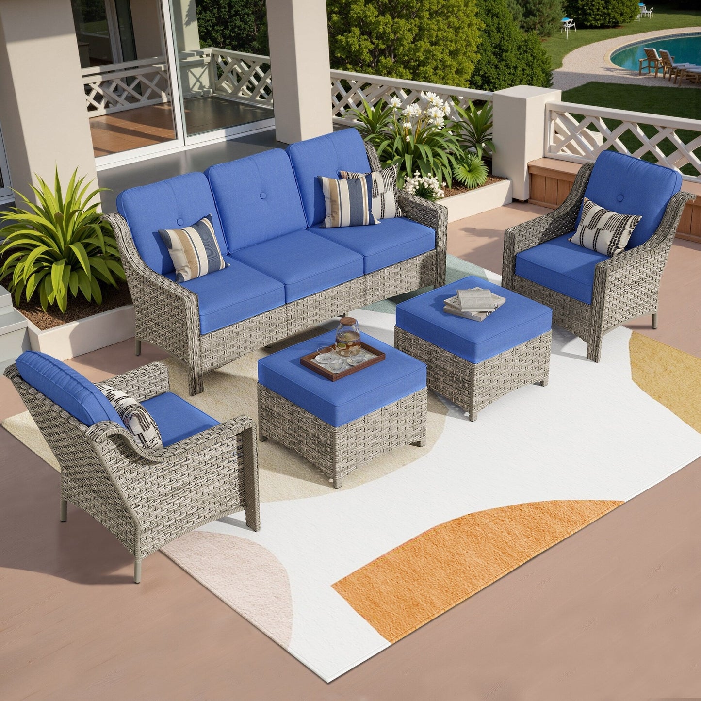 HOOOWOOO Set da conversazione per mobili da esterno in vimini con schienale alto, 5 pezzi