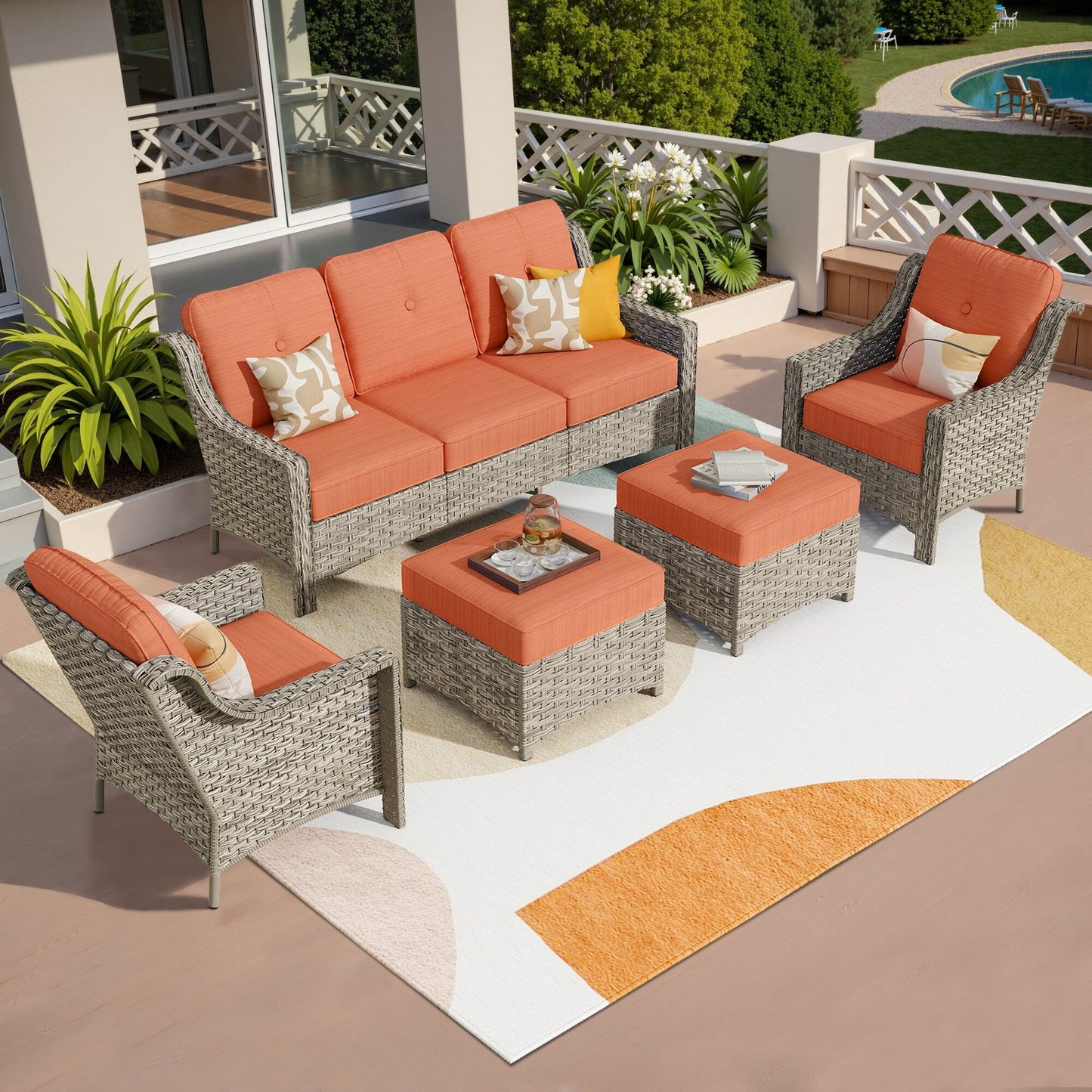 HOOOWOOO Set da conversazione per mobili da esterno in vimini con schienale alto, 5 pezzi