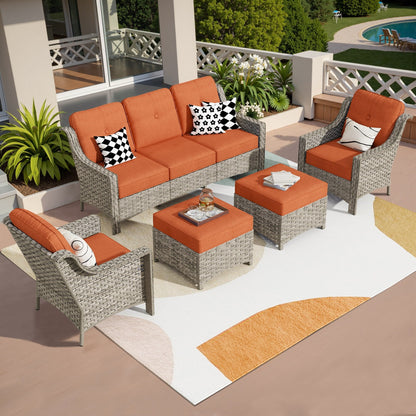 HOOOWOOO Set da conversazione per mobili da esterno in vimini con schienale alto, 5 pezzi