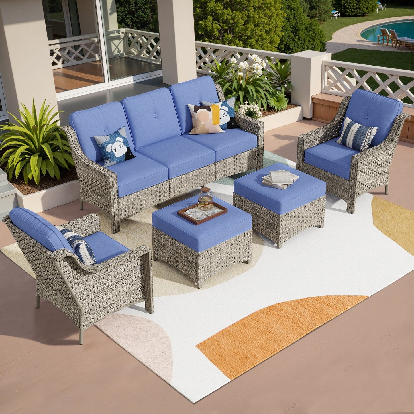 HOOOWOOO Set da conversazione per mobili da esterno in vimini con schienale alto, 5 pezzi