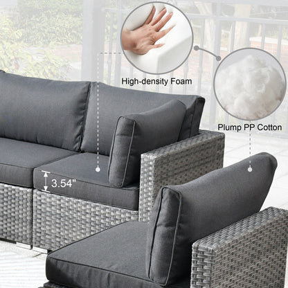 HOOOWOOO Set di mobili da esterno componibili in rattan grigio e vimini, 7 pezzi