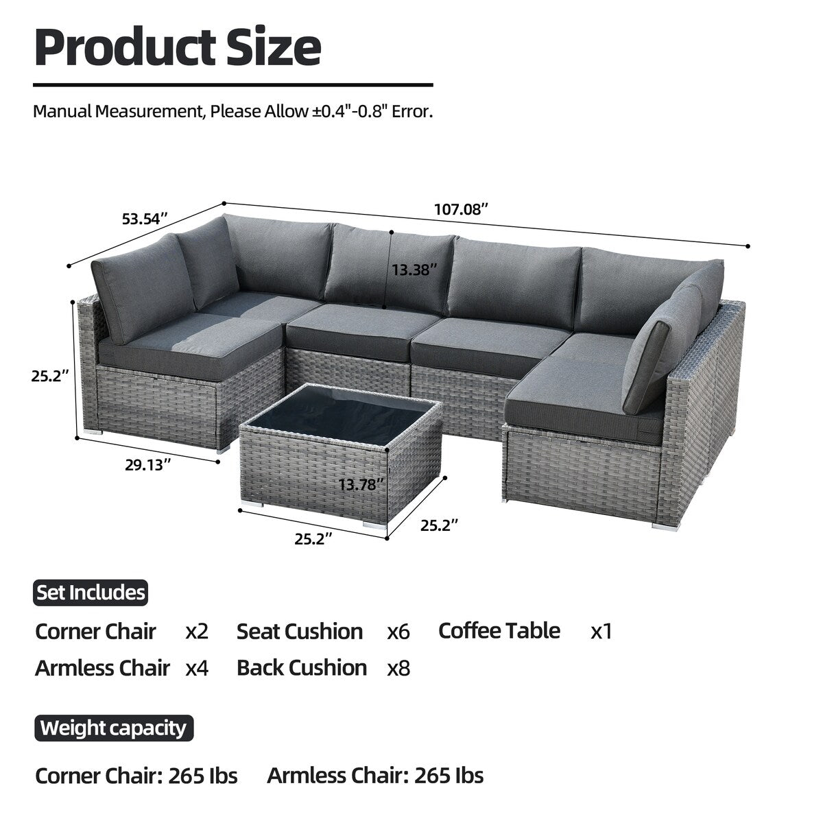 HOOOWOOO Set di mobili da esterno componibili in rattan grigio e vimini, 7 pezzi