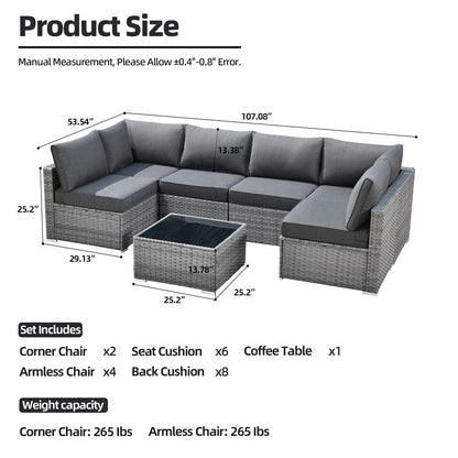 HOOOWOOO Set di mobili da esterno componibili in rattan grigio e vimini, 7 pezzi
