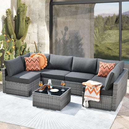 HOOOWOOO Set di mobili da esterno componibili in rattan grigio e vimini, 7 pezzi